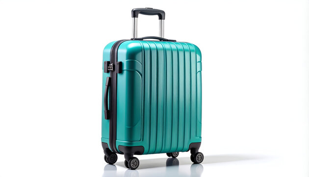 A teal-colored rolling suitcase stands prominently against a clean white background, showcasing its sleek design and practicality for travel.