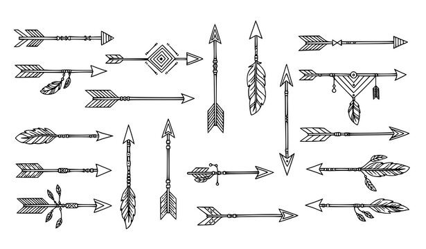Boho arrows doodle set vector hand drawn tribal ethnic decorative arrows hipster style isolated white background