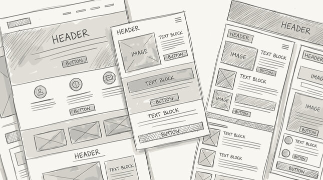 Website wireframe sketches showcasing layout and design elements for digital interface development