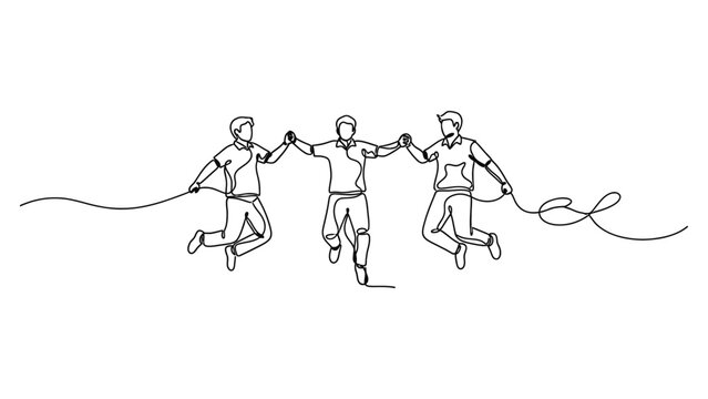 Continuous line drawing of three young men jumping together holding hands. Continuous line style. Hand drawn. Line art. Vector design. illustration