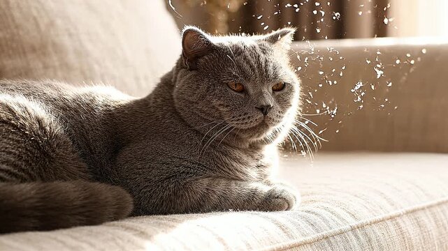 Grey Cat Relaxing on Sofa Golden Hour Dust Motes Cinematic