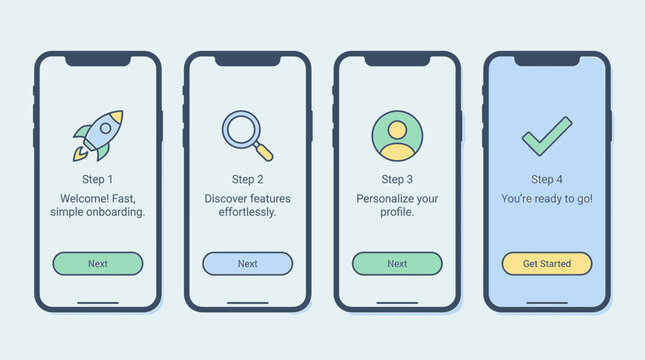 Digital Mobile Application Onboarding Process Screens with Step-by-Step User Experience Guide and Welcome Workflow