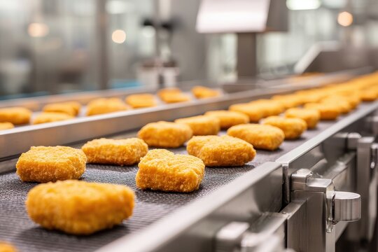 Industrial production line of chicken nuggets on a conveyor belt