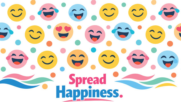 Spread happiness banner with seamless pattern of diverse laughing emoji characters, flat vector. cheerful emoticons and colorful shapes, isolated on white background. joy and positive emotions.