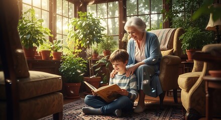 Fototapeta premium Senior grandmother reading a storybook with her young grandson in a sunlit garden room during golden hour with warm backlighting and sharp focus