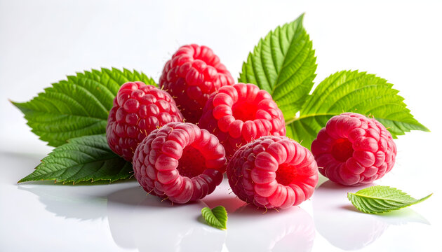 A close-up shot showcases a cluster of vibrant red raspberries nestled amongst lush green leaves against a clean white background, highlighting their delicate texture and freshness.