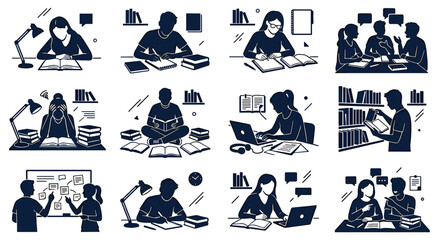 Black and white monochrome icons of people reading writing on laptops and discussing projects in study groups. Education environment featuring bookshelves desks and collaborative workspaces. © Akter