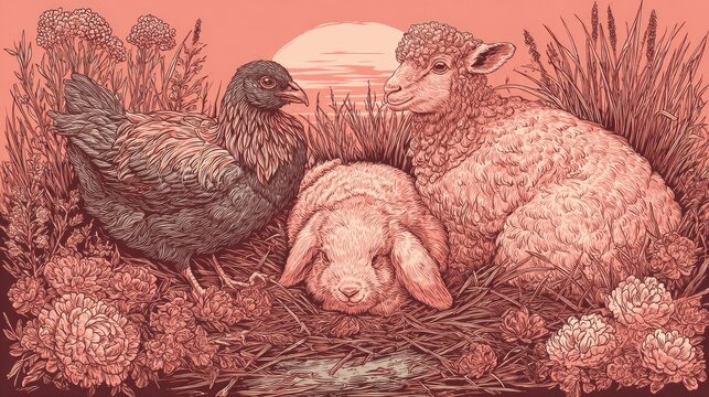 Domestic fowl, ovine, and lagomorph rest together amidst flowering vegetation at sunset