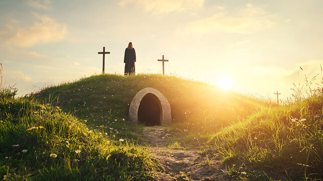 Resurrection of Jesus Christ at sunrise with empty tomb and crosses.