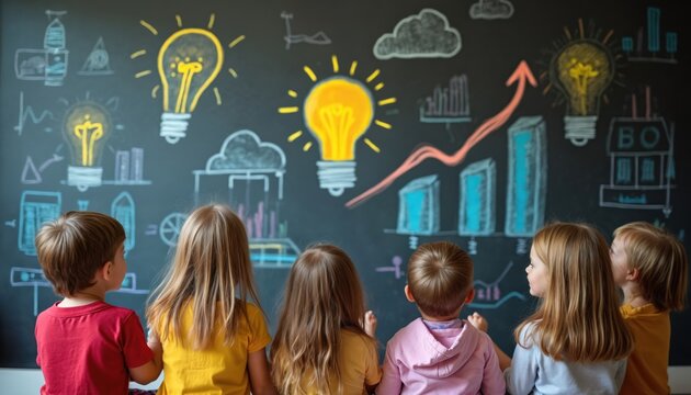 Children look at chalkboard drawings of bright light bulbs and growth charts. Young students learn and develop creative ideas and problem solving skills in a vibrant classroom.