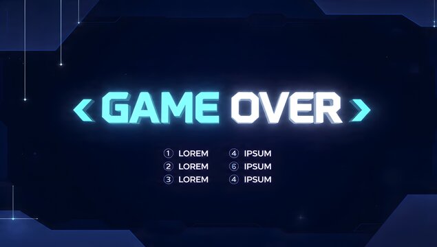 Futuristic digital game over screen with glowing text and menu options