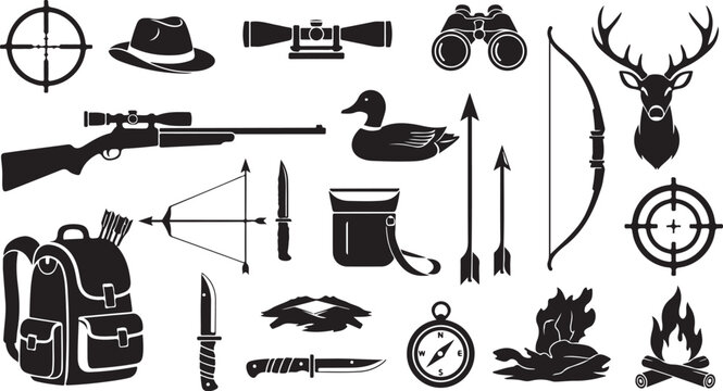 Hunting and outdoor adventure icons and symbols set