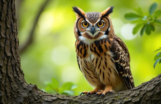 Brown owl with yellow eyes perched on a tree branch. This bird of prey has vision and camouflaged feathers. It sits in lush green forest foliage. A wild creature in its natural habitat.