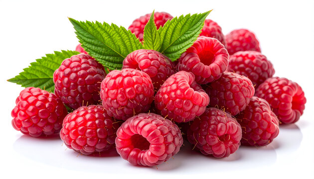 A vibrant pile of fresh raspberries with lush green leaves is artfully arranged against a clean white background, showcasing their juicy texture and bright color.