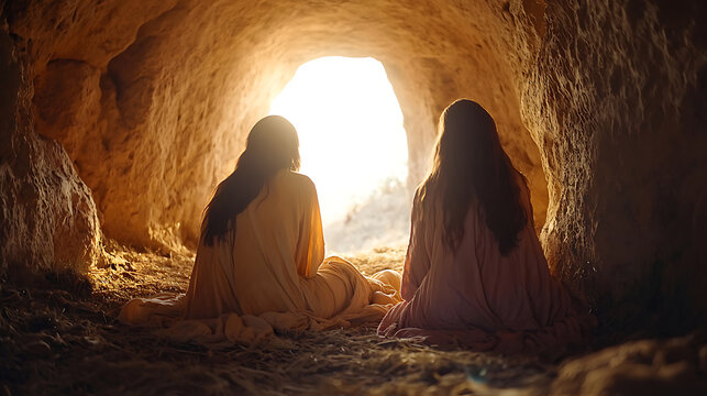 Two Women Sitting in a Cave Entrance Looking Towards the Light.