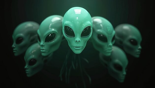 Group of alien faces with large eyes. Green extraterrestrial beings look out from dark background. Futuristic concept art. Science fiction creatures.