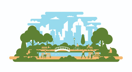 Naklejka premium Vibrant Flat Vector City Park Illustration with People Enjoying Leisure Activities Amidst Greenery and a Modern Urban Skyline Background