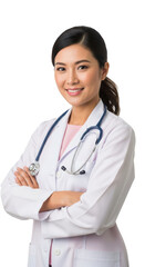 Fototapeta premium A smiling woman in a white lab coat holding a clipboard isolated on transparent background,png,PNG,Png
