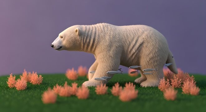 Polar bear walks across a whimsical green landscape, surrounded by floating fish and unique orange plants, creating a serene and imagined natural scene at twilight