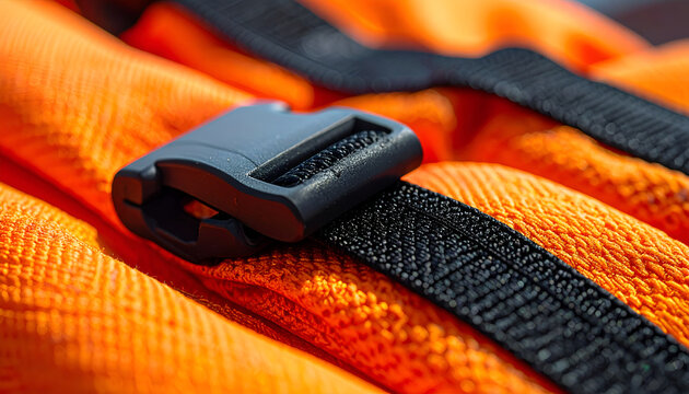 A close-up shot showcases a black plastic buckle securing a bright orange strap, highlighting the texture and functionality of the fastening mechanism.