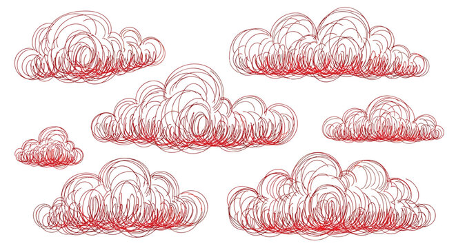 Hand drawn red clouds, cloud icons, sketchy weather symbols, red cloud illustrations, vector cloud graphics