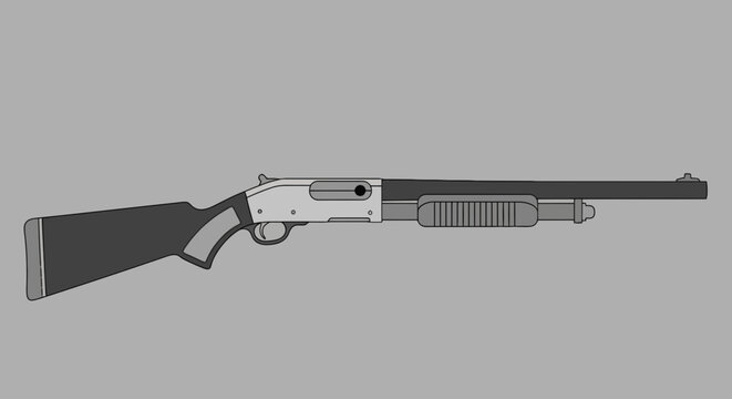 Illustration of a pump-action shotgun with a dark stock and forend on a gray background in a cartoon style side view arm weapon