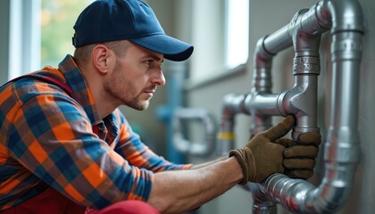 Fototapeta premium Man in cap and gloves repairs metal pipes. Plumber uses tools for plumbing system fix. Worker maintains water pipe lines. Skilled laborer works indoors. Professional service on pipes.