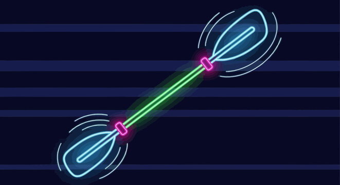 Neon illuminated diabolo juggling prop spinning against dark backdrop; dynamic glow stick toy colorful light show circus entertainment equipment