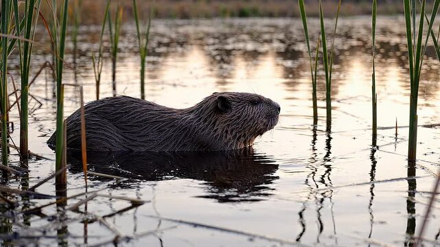 Nutria Swimming in Calm Pond with Reed Reflections at Dusk
