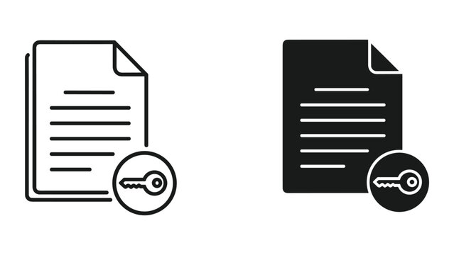 Black and white document icons with key symbols for access and security concepts