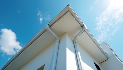 Naklejka premium White gutter and downspout system on modern building exterior. Corner view of white pipes against clear blue sky. Architecture detail part of home roof drainage system.