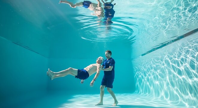 Underwater pool therapy for senior man with male physiotherapist in sunlit swimming pool featuring crystal clear water and beautiful light refractions