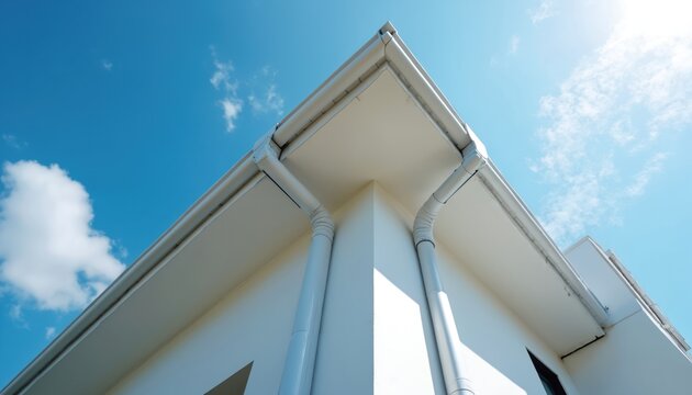 White gutter and downspout system on modern building exterior. Corner view of white pipes against clear blue sky. Architecture detail part of home roof drainage system.