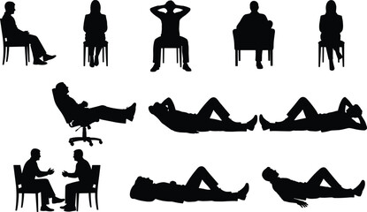 Black Silhouettes of People Sitting, Relaxing, Lying Down, and Conversing, Featuring Various Poses and Postures Isolated on White Background for Interior Design and Lifestyle Concepts © MstFerdousi