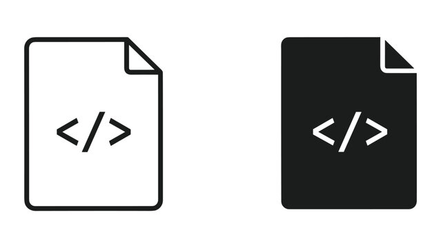 Black and white code file icons with html tags on white background