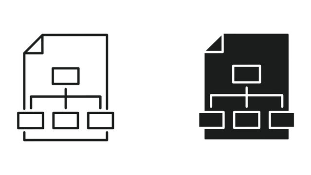 Black and white flowchart document icons for business and technology concepts