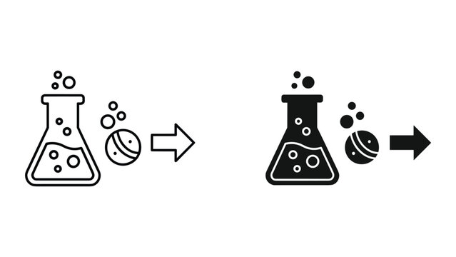 Black and white line icons of chemical reaction with beaker and bubbles isolated on white background