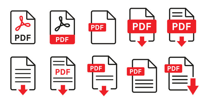 PDF file format icons set. PDF file download symbols. Format for texts, images, vector images, videos, interactive forms - stock vector.