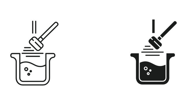 Black and white line icons of hammer hitting pot with liquid