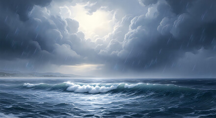 Fototapeta premium Dramatic ocean waves under stormy clouds with sunbreak light