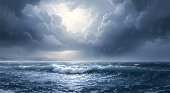 Dramatic ocean waves under stormy clouds with sunbreak light