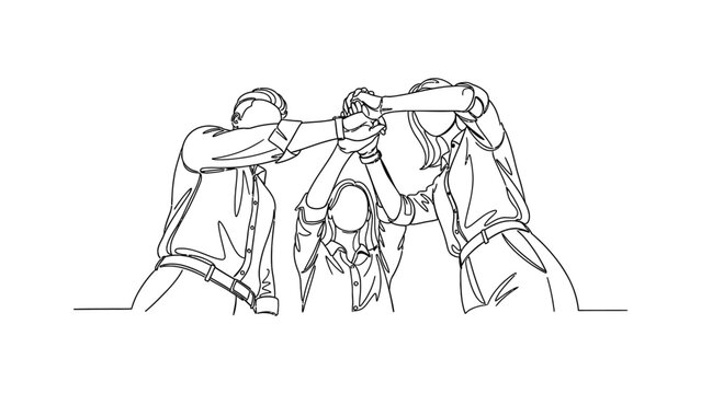 Continuous line drawing of three people stacking hands together as a team. Continuous line style. Hand drawn. Line art. Vector design. illustration