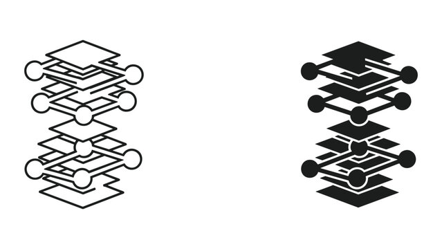 Black and white molecular structure icons with connected spheres and polygons