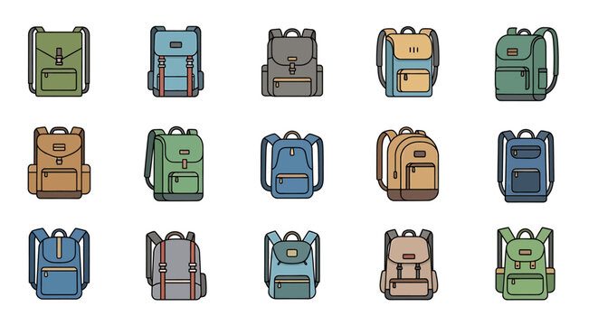 Collection of various backpacks and bags.