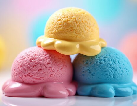 Three colorful ice cream scoops stack precariously. Pink strawberry, yellow vanilla, blue bubblegum flavors melt slightly on white surface. Sweet dessert looks refreshing, delicious for summer treat.