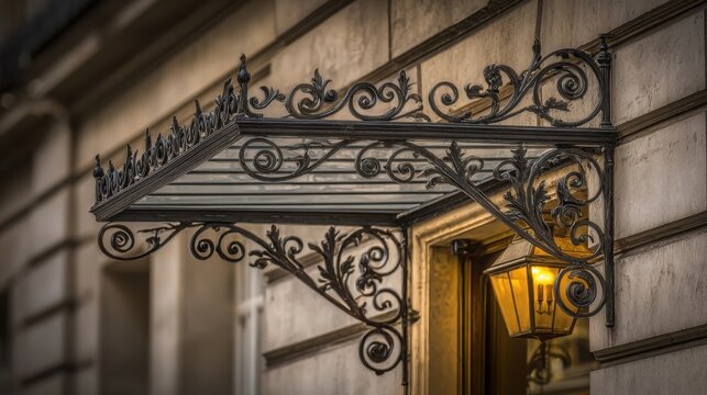 Exquisite Ornate Wrought Iron Signboard Frame with Intricate Scrollwork and Decorative Details Above Entryway