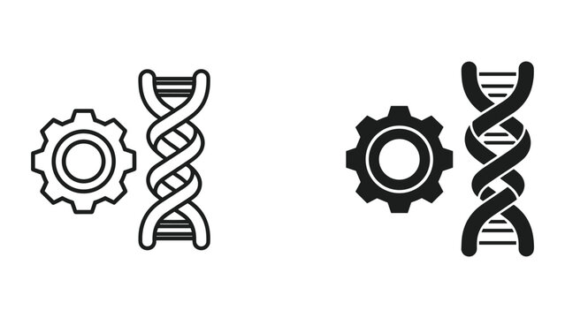 Black and white icons of dna and gear on white background
