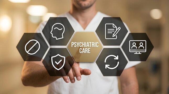 Professional male doctor showcasing mental health and psychiatric care concepts through interactive hexagonal icons. Ideal for healthcare marketing, medical education, and wellness campaigns.