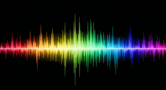Vibrant rainbow sound wave equalizer spectrum on black background