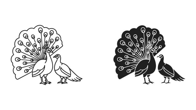 Black and white peacock and peahen illustrations on white background